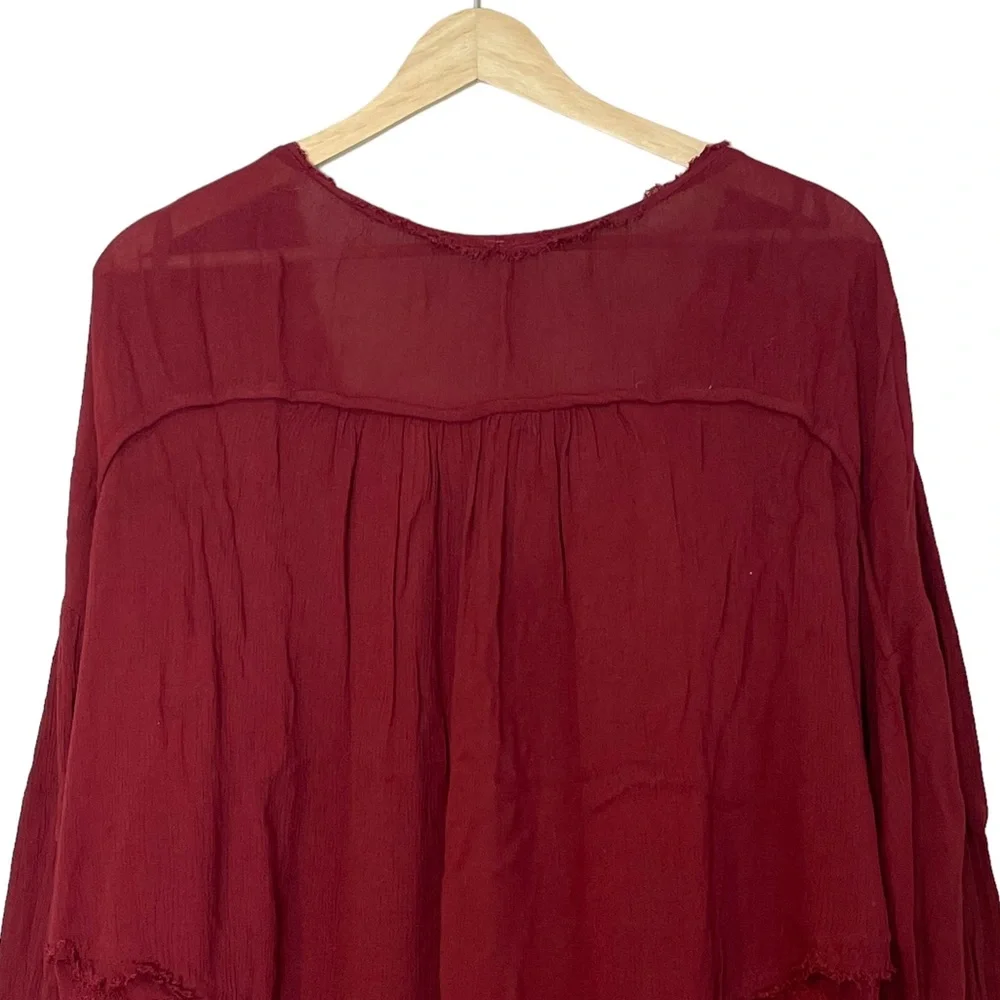FREE PEOPLE Rainy Days Gauze Lace Oversized Boho Peasant Swing Top Burgundy M - Picture 5 of 13